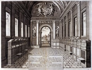 Vista do museu de Michele Mercati (1541-1595), comissário de bordo do Jardim Botânico do Vaticano. Gravura de "Metallotheca..." Roma 1717 - 1719 de Italian School