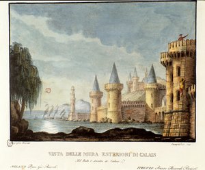 Vista das muralhas de Calais em 1347 durante a Guerra dos Cem Anos, cenário da ópera Assedio di Calais de Gaetano Donizetti. de Italian School