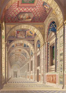 Vista do segundo andar Loggia no Vaticano, com decoração de Rafael, de Delle Loggie di Rafaele nel Vaticano, publicado como folha solta na edição de 1814 (gravura colorida à mão) de Italian School