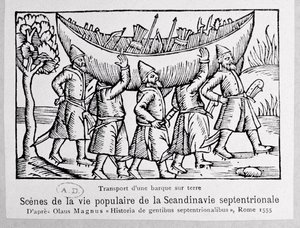 Vikings que levam um barco para a Rússia, a partir de uma história dos povos do Norte por Olaus Magnus (1490-1558), publicado em Roma, 1555 de Italian School