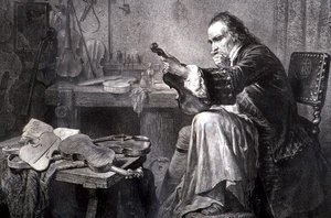 Fabricante de violinos na sua oficina (gravura) de Italian School