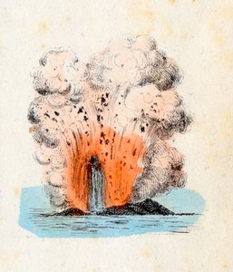 Vulcão das Ilhas Eolianas em erupção, com uma grande jorrada de lava acompanhada na explosão por uma abundante quantidade de gás e cinzas, Litografia Corbetta, Milão de Italian School