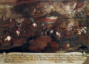 Guerra da Candia (Creta):: "Batalha de Chania liderada por Francesco Morosini (1619-1694) em agosto de 1660" (Guerra Creta (1645-69): o assalto de Canea liderado por Francesco Morosini em agosto de 1660) Pintura da escola veneziana de Italian School