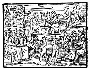 Bruxas e feiticeiros festejando no sábado, ilustração do Compendium Maleficarum por Francesco Maria Guazzo, 1608 de Italian School