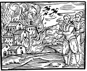 Bruxas destruindo uma casa pelo fogo, Suábia em 1533, ilustração do Compendium Maleficarum por Francesco Maria Guazzo, 1608 de Italian School