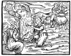 Bruxas assando e fervendo crianças, cópia de uma ilustração do Compendium Maleticarum por Pe. M. Guaccius, Milão 1608, usado em History of Magic, publicado no final do século XIX de Italian School