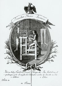 Trabalhador em tear, Imagem publicitária Stanislaus Bosisio Torinese, Fabricante de meias, calças, luvas e qualquer tipo de malhas de seda e algodão, Gravura, Itália de Italian School