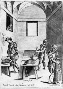 Leite de trabalho (produto lácteo) em local fresco. Gravura de "Ópera", livro sobre gastronomia dividido em 6 partes, de Bartolomeo Scappi, cozinheiro pessoal do Papa Pio V. Veneza. de Italian School