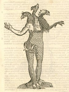 Ilustração do monstro do dragão raposa três cabeças e Áquila de kazakovae History of Monsters, 1642 de Italian School