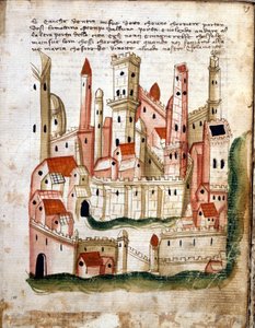Vista da cidade de Jerusalém, de Libro dOltramare por Niccolo da Poggibonsi (caneta e tinta e têmpera sobre velino)