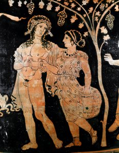 O detalhe de um vaso de Ruvo em Puglia (Puglia) retrata um casal de jovens casais. Têm nas suas mãos uma taça de vinho. Século IV a.C. Museo Archeologico Nazionale de Nápoles de Italic