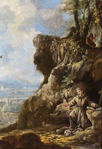 São Francisco em êxtase junto a um afloramento rochoso, uma paisagem mais além (óleo sobre cobre) de Italo-Flemish School