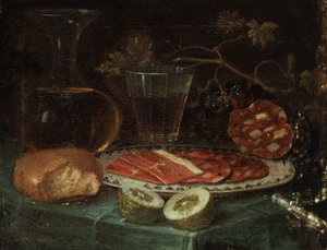 Natureza morta com pedaço de pão, garrafa de vidro, copo de vinho, prato com presunto e salsicha de presunto, limão e faca com cabo de madrepérola de Italo flämischer Maler des 17. Jahrhunderts