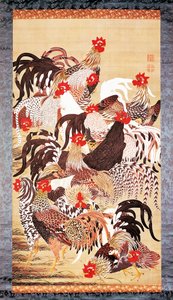 Treze galos, de Doshoku Sai-e (Reino colorido dos seres vivos) Período Edo. c.1757-66 (cor sobre seda)