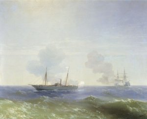Russo: "Combate do vapor Vesta com o couraçado turco Fehti-Bulend no Mar Negro em 11 de julho de 1877" Combate do vapor Vesta com o couraçado turco Fehti-Bulend no Mar Negro em 11 de julho de 1877