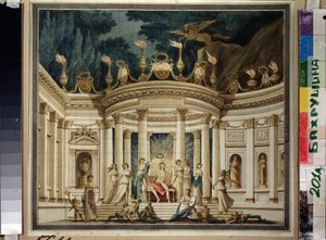 Le Triomphe des Muses. Projeto de passeio para o prólogo musical de Alexander Alyabyev (1787-1851) e Alexis Verstsovsky (1799-1863). (Triunfo das Musas. Desenho de cortina para o prólogo musical de A.Alyabyev e A.Verstovsky). Decoração antiga com Apollon, de Ivan Alekseevich Ivanov