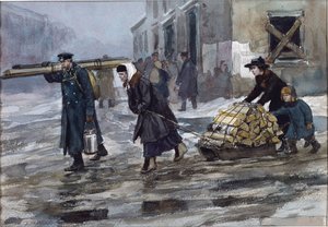 Uma família de um engenheiro levando para casa um pouco de combustível de Vladimirov, Ivan Alexeyevich (1869-1947). Aguarela, Guache sobre Papel de Ivan Alexeyevich Vladimirov
