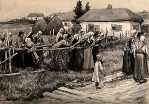 Uma procissão religiosa de cólera na Rússia rural da série de aquarelas da revolução russa,