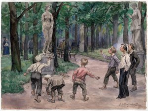Competição desportiva no Jardim Imperial, São Petersburgo (des enfants jettent des cailloux sur une statue de femme nue) - Competição desportiva nos Jardins Imperiais: Petrogrado, Julho de 1921 (da série de aguarelas da revolução russa) - Vladim de Ivan Alexeyevich Vladimirov