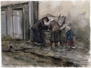 Duas mulheres e uma criança procurando sua refeição em uma lata de lixo - Duas mulheres e uma criança procurando na lixeira (da série de aquarelas Revolução Russa) - Vladimirov, Ivan Alexeyevich (1869-1947) - 1919 - Aquarela sobre papel - 25 ,8x34 .5 - P de Ivan Alexeyevich Vladimirov