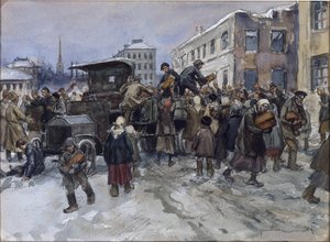 Trabalhadores famintos em Petrogrado roubando pão de um caminhão militar por Vladimirov, Ivan Alexeyevich (1869-1947). Aguarela, Guache sobre Papel de Ivan Alexeyevich Vladimirov