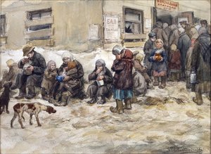 Anos de fome em Petrogrado. A "" sala de jantar comum "" por Vladimirov, Ivan Alexeyevich (1869-1947). Aquarela, Guache sobre Papel. Coleção privada de Ivan Alexeyevich Vladimirov
