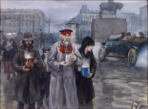 Anos de fome em Petrogrado. Regresso de uma sopa comunitária de Vladimirov, Ivan Alexeyevich (1869-1947). Aguarela, Gouache sobre papel de Ivan Alexeyevich Vladimirov