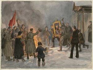 Soldados que queimam quadros (da série de aguarelas da revolução russa) - Oeuvre de Ivan Alexeyevich Vladimirov (1869-1947) - 1917 - Aguarela sobre papel - 25,7x34,5 - Colecção Privada