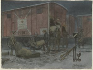 Soldados saqueando um vagão da série de aquarelas Revolução Russa, 1922 de Ivan Alexeyevich Vladimirov