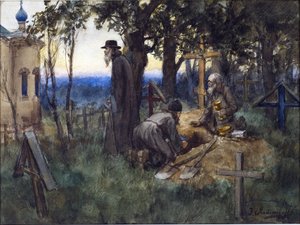 Os clérigos escondem tesouros da igreja numa nova sepultura num cemitério de Vladimirov, Ivan Alexeyevich (1869-1947). Aguarela, Gouache sobre papel de Ivan Alexeyevich Vladimirov