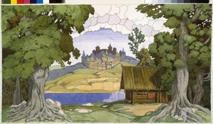Decoração para a ópera ""Túmulo de Askold"" de Alexei Vertovski (1799-1862). Obra de Ivan Yakovlevich Bilibin (Bilibin) (1876-1942), aquarela sobre papel de Ivan Yakovlevich Bilibin