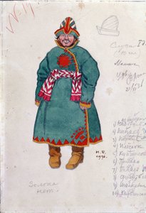 Desenho de figurino para a ópera ""Os Contos do Czar Saltan"" de Nicholas (Nikolai) Rimsky Korsakov (Rimsky-Korsakov) (1844-1908) (Design de figurino para a ópera O Conto do Czar Saltan de N. Rimsky-Korsakov (Rimsky) Korsakov). Desenho de Ivan Yakolevich B de Ivan Yakovlevich Bilibin