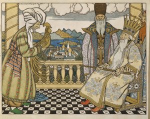 Ilustração para o conto de fadas The Golden Cockerel de Alexander Pushkin (1799-1837). Trabalho de Ivan Yakovlevich Bilibin (Bilibin) (1876-1942), aguarela e tinta sobre papelão de Ivan Yakovlevich Bilibin