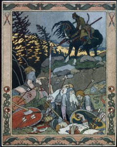 Ilustração para o conto de fadas Marya Morevna. O príncipe Ivan descobre o exército derrotado por Maria Morevna, a rainha guerreira. Trabalho de Ivan Yakovlevich Bilibin (Bilibin) (1876-1942), aguarela e tinta sobre papel de Ivan Yakovlevich Bilibin