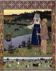 Ilustração para o conto tradicional Alyonouchka e Ivanouchka. Obra de Ivan Yakovlevich Bilibin (Bilibin) (1876-1942), litografia de Ivan Yakovlevich Bilibin