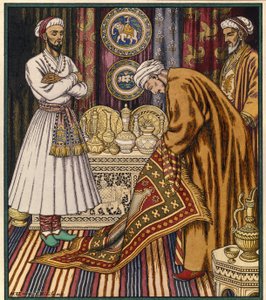 Príncipe Ali compra um tapete mágico. Ilustração para um conto árabe. (Príncipe Ali comprando um tapete). Pintura de Ivan Yakolevich Bilibin (Bilibin) (1876-1942). Aquarela sobre papel. São Petersburgo, Museu Estatal Russo. de Ivan Yakovlevich Bilibin
