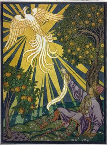 O príncipe pega uma pena do pássaro de fogo. Ilustração para o conto ""Ivan Tsarevich, o Pássaro de Fogo e o Lobo Cinzento"". Obra de Ivan Yakovlevich Bilibin (Bilibin) (1876-1942), aquarela e guache sobre papel. Arte russa, século 20, simbolismo. de Ivan Yakovlevich Bilibin
