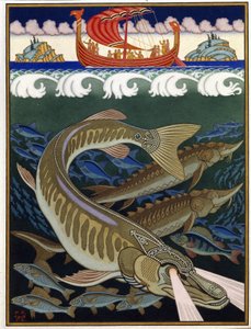 O Império do Mar. Tradicional conto russo. Trabalho de Ivan Yakovlevich Bilibin (Bilibin) (1876-1942), aguarela e guache sobre papel de Ivan Yakovlevich Bilibin