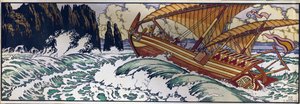 Simbad, o marinheiro. Ilustração para o conto tradicional árabe das Mil e Uma Noites. Obra de Ivan Yakovlevich Bilibin (Bilibin) (1876-1942), aquarela sobre papel de Ivan Yakovlevich Bilibin