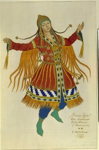 Um dançarino xamã Polovtsiano (ou Couman, Kuman). Figurino para a ópera ""Príncipe Igor"" de Alexandre Borodin (Borodin) (1833-1887). Obra de Ivan Yakovlevich Bilibin (Bilibin) (1876-1942), aquarela sobre papel de Ivan Yakovlevich Bilibin