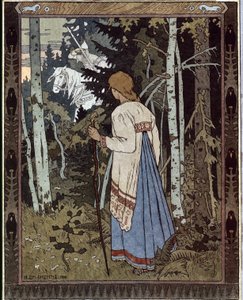 Vassilissa, a Mais Bela e o Cavaleiro Branco. (Vasilisa, a Bela e o Cavaleiro Branco). (Conto tradicional russo). Obra de Ivan Yakovlevich Bilibin (Bilibin) (1876-1942), litografia