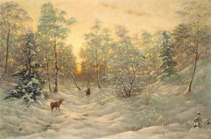 Veado em uma paisagem de neve ao entardecer