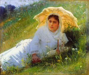 Um dia quente na grama. Meio-dia, 1883 de Ivan Kramskoy