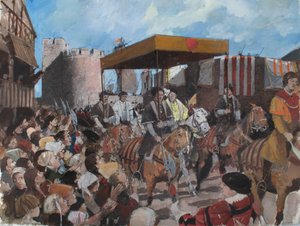 Vista reconstruída do cortejo de coroação do Rei Eduardo VI a sair da Torre de Londres em 1547 de Ivan Lapper