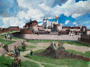 Vista reconstruída da Torre de Londres a partir do oeste em c.1700 de Ivan Lapper
