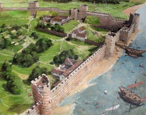 Vista reconstruída do canto sudeste da Londres romana e do futuro local da Torre de Londres, tal como poderia ter sido em cerca de 400 d.C. de Ivan Lapper