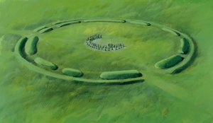 Stonehenge: terceira fase, que começa com a colocação das pedras azuis num duplo crescente de Ivan Lapper