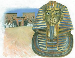 A máscara dourada da múmia do faraó egípcio Tutankhamon, com um complexo de templos egípcios antigos em segundo plano de Ivan Lapper