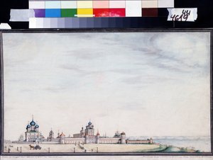 Vue de Rostov, Kremlin. (Vista do Rostov Kremlin). Peinture de Ivan Mikhaylovich Belogonov (1800-1871). Aguarela e encre no papel de Ivan Mikhaylovich Belogonov