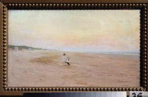 Artista à beira-mar - Pintura de Ivan Pavlovitch Pokhitonov (1850-1923), óleo sobre madeira - Arte Russa